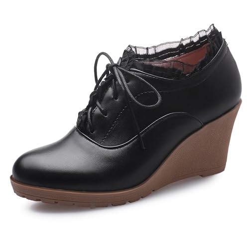 MJIASIAWA Damen Runde Zehen Klassische Keilabsatz Buro Stiefeletten Vintage Schnüren Business Arbeit Formal Oxford Plateau Schwarz Gr 34 EU von MJIASIAWA