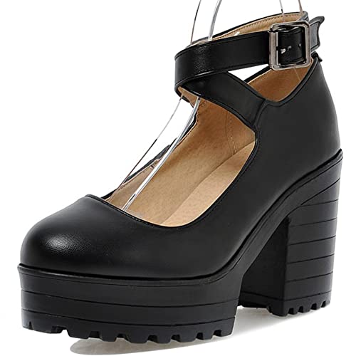 MJIASIAWA Damen Runde Zehen Klassischer Knöchelriemchen Chunky Heel Plateau Schuhe Mode Blockabsatz Pumps Closed Toe Schnalle Schwarz Gr 40.5 EU/42 Asiatisch von MJIASIAWA