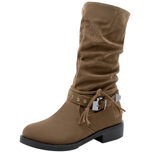 MJIASIAWA Damen Runde Zehen Komfort Halbschaft Lockere Stiefel Leisure Draußen Warm Niedrige Absatz Winter Riding Boooties Schnalle Braun Gr 37 EU/38 Asiatisch von MJIASIAWA