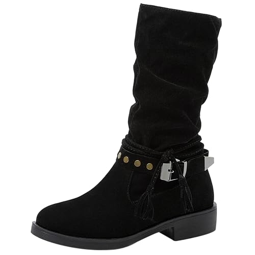 MJIASIAWA Damen Runde Zehen Komfort Halbschaft Lockere Stiefel Leisure Draußen Warm Niedrige Absatz Winter Riding Boooties Schnalle Schwarz Gr 41 EU/43 Asiatisch von MJIASIAWA