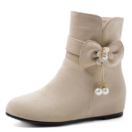 MJIASIAWA Damen Runde Zehen Komfort Moccasin Chelsea Stiefel Buro Arbeit Winter Warm Ankle Stiefeletten Wildleder Keilabsatz Aprikose Gr 38 EU/39 Asiatisch von MJIASIAWA