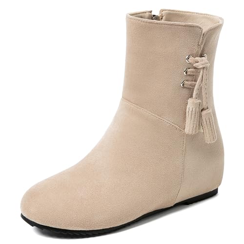 MJIASIAWA Damen Runde Zehen Komfort Moccasin Chelsea Stiefel Buro Arbeit Winter Warm Ankle Stiefeletten Wildleder Keilabsatz Aprikose Gr 40 EU/41 Asiatisch von MJIASIAWA