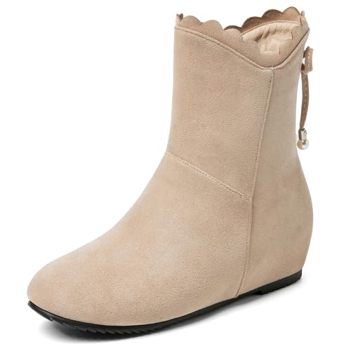 MJIASIAWA Damen Runde Zehen Komfort Moccasin Chelsea Stiefel Buro Arbeit Winter Warm Ankle Stiefeletten Wildleder Keilabsatz Aprikose Gr 40.5 EU/42 Asiatisch von MJIASIAWA