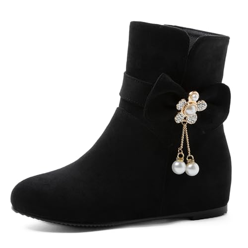 MJIASIAWA Damen Runde Zehen Komfort Moccasin Chelsea Stiefel Buro Arbeit Winter Warm Ankle Stiefeletten Wildleder Keilabsatz Schwarz Gr 34 EU von MJIASIAWA