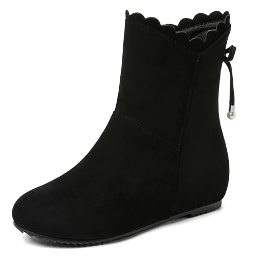 MJIASIAWA Damen Runde Zehen Komfort Moccasin Chelsea Stiefel Buro Arbeit Winter Warm Ankle Stiefeletten Wildleder Keilabsatz Schwarz Gr 36 EU von MJIASIAWA