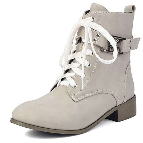 MJIASIAWA Damen Runde Zehen Komfort Schnüren Chukka Stiefel Winter Mode Low Blockabsatz Military Ankle Stiefeletten Schnalle Aprikose Gr 34 EU von MJIASIAWA