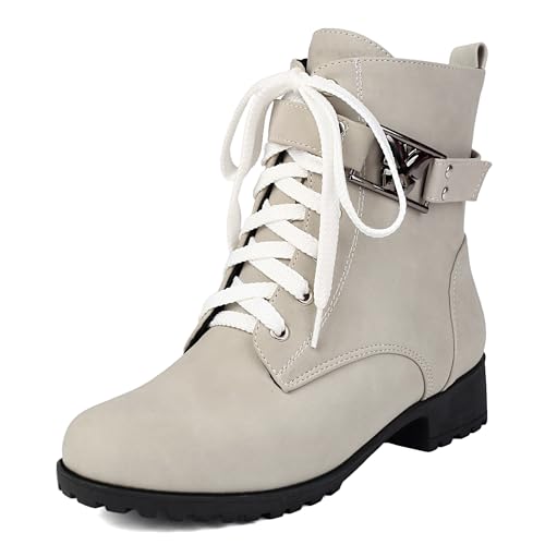 MJIASIAWA Damen Runde Zehen Komfort Schnüren Chukka Stiefel Winter Mode Low Blockabsatz Military Ankle Stiefeletten Schnalle Aprikose Gr 38 EU/39 Asiatisch von MJIASIAWA