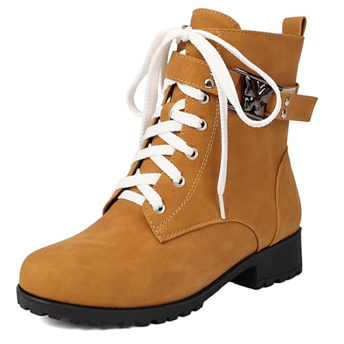 MJIASIAWA Damen Runde Zehen Komfort Schnüren Chukka Stiefel Winter Mode Low Blockabsatz Military Ankle Stiefeletten Schnalle Braun Gr 43 EU/45 Asiatisch von MJIASIAWA