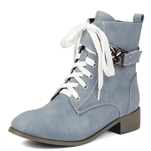 MJIASIAWA Damen Runde Zehen Komfort Schnüren Chukka Stiefel Winter Mode Low Blockabsatz Military Ankle Stiefeletten Schnalle Grau Gr 42 EU/44 Asiatisch von MJIASIAWA