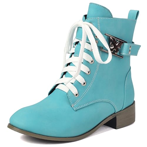 MJIASIAWA Damen Runde Zehen Komfort Schnüren Chukka Stiefel Winter Mode Low Blockabsatz Military Ankle Stiefeletten Schnalle Light-Blau Gr 39 EU/40 Asiatisch von MJIASIAWA