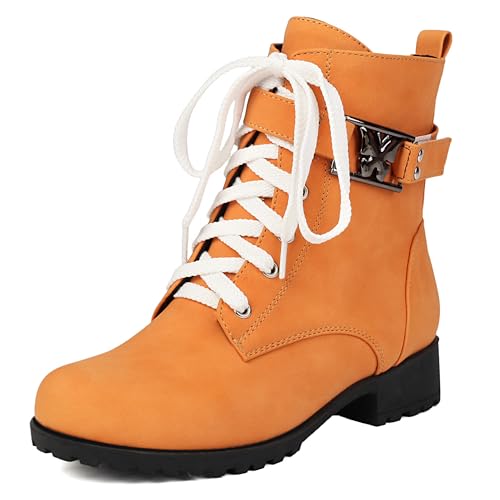 MJIASIAWA Damen Runde Zehen Komfort Schnüren Chukka Stiefel Winter Mode Low Blockabsatz Military Ankle Stiefeletten Schnalle Orange Gr 42 EU/44 Asiatisch von MJIASIAWA