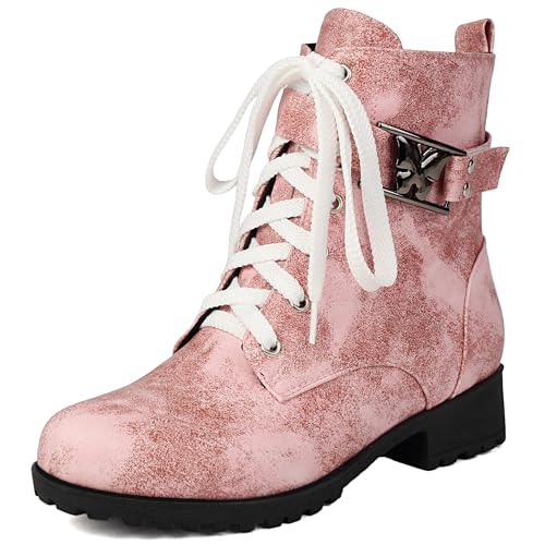 MJIASIAWA Damen Runde Zehen Komfort Schnüren Chukka Stiefel Winter Mode Low Blockabsatz Military Ankle Stiefeletten Schnalle Pink Gr 36 EU von MJIASIAWA