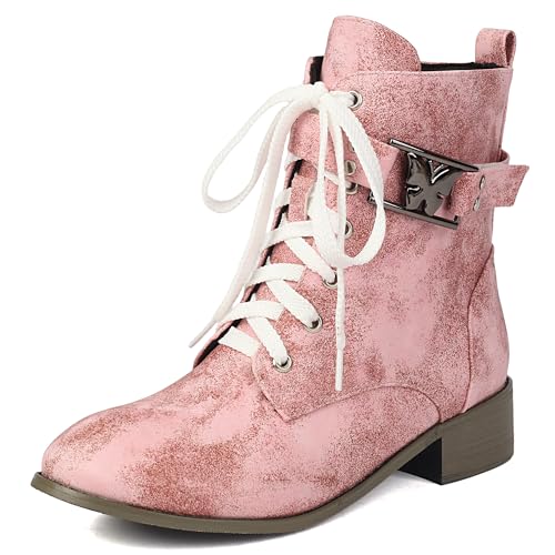 MJIASIAWA Damen Runde Zehen Komfort Schnüren Chukka Stiefel Winter Mode Low Blockabsatz Military Ankle Stiefeletten Schnalle Pink Gr 42 EU/44 Asiatisch von MJIASIAWA