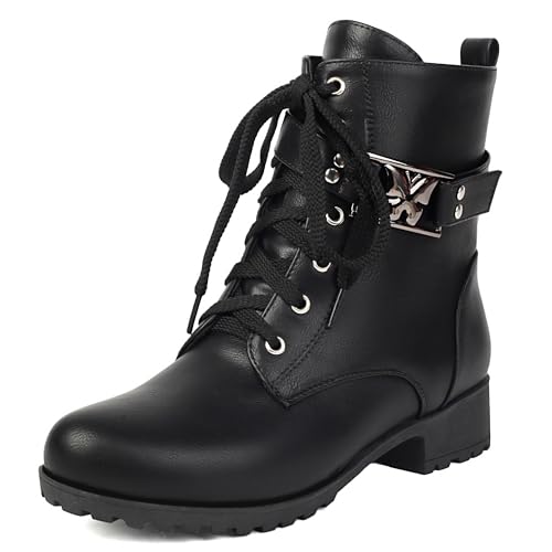 MJIASIAWA Damen Runde Zehen Komfort Schnüren Chukka Stiefel Winter Mode Low Blockabsatz Military Ankle Stiefeletten Schnalle Schwarz Gr 36 EU von MJIASIAWA