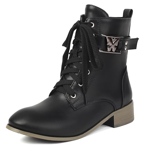 MJIASIAWA Damen Runde Zehen Komfort Schnüren Chukka Stiefel Winter Mode Low Blockabsatz Military Ankle Stiefeletten Schnalle Schwarz Gr 36 EU von MJIASIAWA