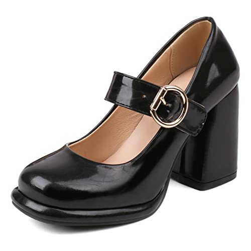 MJIASIAWA Damen Runde Zehen Lack Knöchelriemchen Mary Jane Pumps Plateau Mode Hohen Blockabsatz Comfy Kleid Schuhe Schwarz Gr 41 EU/43 Asiatisch von MJIASIAWA
