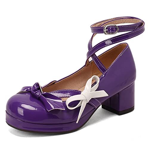 MJIASIAWA Damen Runde Zehen Lack Mary Jane Pumps Knöchelriemchen Sweet Block Mitte Absatz Hochzeit Mode Plateau Schuhe Mit Bows Violett Gr 43 EU/45 Asiatisch von MJIASIAWA