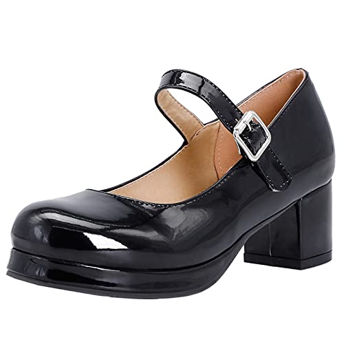 MJIASIAWA Damen Runde Zehen Mary Jane Knöchelriemchen Blockabsatz Plateau Pumps Schnalle Party Hochzeit Mitte Absatz Kleid Schuhe Schwarz Gr 40.5 EU/42 Asiatisch von MJIASIAWA