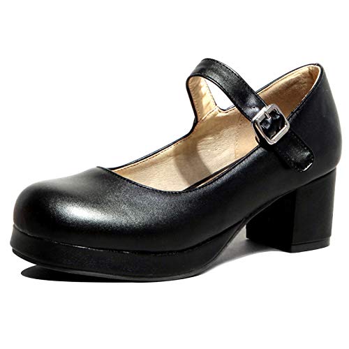 MJIASIAWA Damen Runde Zehen Mary Jane Knöchelriemchen Blockabsatz Plateau Pumps Schnalle Party Hochzeit Mitte Absatz Kleid Schuhe Schwarz Gr 46 EU/48 Asiatisch von MJIASIAWA