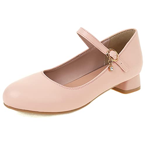 MJIASIAWA Damen Runde Zehen Mary Jane Schuhe Knöchelriemchen Comfy Niedrige Absatz Pumps Damen Buro Arbeit Runde Zehen Blockabsatz Schuhe Pink Gr 46 EU/48 Asiatisch von MJIASIAWA