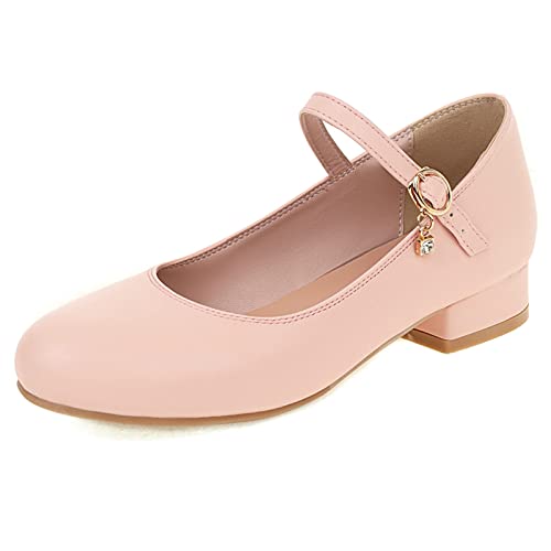 MJIASIAWA Damen Runde Zehen Mary Jane Schuhe Knöchelriemchen Comfy Niedrige Absatz Pumps Damen Buro Arbeit Runde Zehen Blockabsatz Schuhe Pink Gr 46 EU/48 Asiatisch von MJIASIAWA