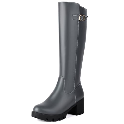 MJIASIAWA Damen Runde Zehen Mode Blockabsatz Knee Reitstiefel Leisure Plateau Equestrian Draußen Warm Retro Boots Grau/Ml Gr 38 EU/39 Asiatisch von MJIASIAWA