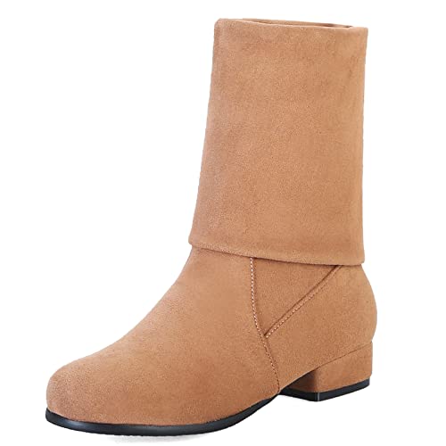 MJIASIAWA Damen Runde Zehen Mode Niedrige Absatz Stretch Ohne Verschluss Reitstiefel Lange Winter Leisure Party Comfy Hohe Stiefel Gelb Gr 50 EU/52 Asiatisch von MJIASIAWA