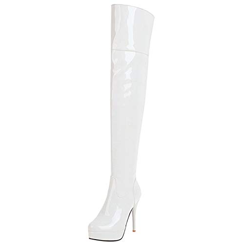 MJIASIAWA Damen Runde Zehen Mode Overknees Lack Boots Stiletto Höhe Ferse Winter Abend Prom Mens Oberschenkelhohe Stiefel Weiß Gr 45 EU/47 Asiatisch von MJIASIAWA