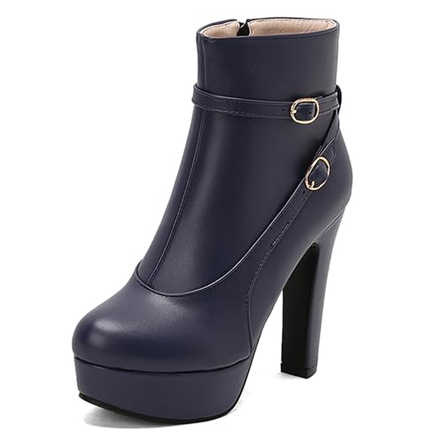MJIASIAWA Damen Runde Zehen Mode Plateau Höhe Ferse Stiefeletten Winter Komfort Schnüren Military Zip Stiefeletten Schnalle Blau Gr 38 EU/39 Asiatisch von MJIASIAWA
