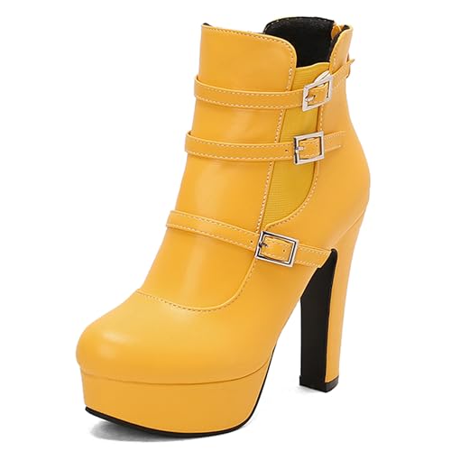 MJIASIAWA Damen Runde Zehen Mode Plateau Höhe Ferse Stiefeletten Winter Komfort Schnüren Military Zip Stiefeletten Schnalle Gelb Gr 47 EU/49 Asiatisch von MJIASIAWA