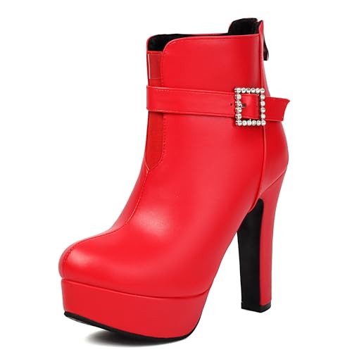 MJIASIAWA Damen Runde Zehen Mode Plateau Höhe Ferse Stiefeletten Winter Komfort Schnüren Military Zip Stiefeletten Schnalle Rot Gr 46 EU/48 Asiatisch von MJIASIAWA