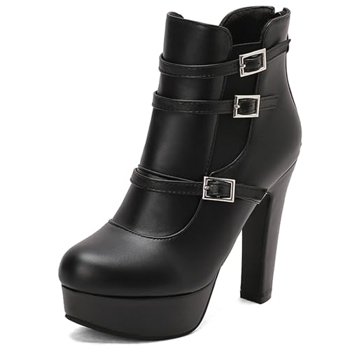 MJIASIAWA Damen Runde Zehen Mode Plateau Höhe Ferse Stiefeletten Winter Komfort Schnüren Military Zip Stiefeletten Schnalle Schwarz Gr 37 EU/38 Asiatisch von MJIASIAWA