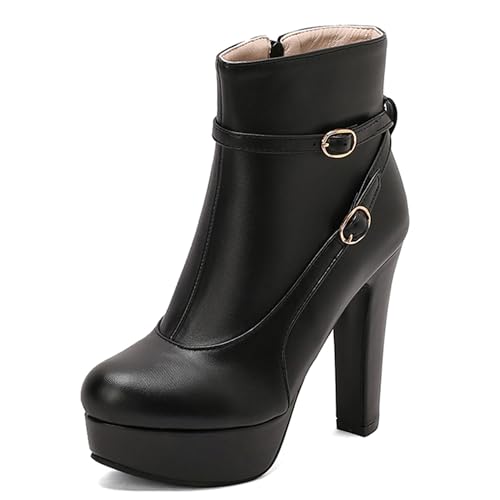 MJIASIAWA Damen Runde Zehen Mode Plateau Höhe Ferse Stiefeletten Winter Komfort Schnüren Military Zip Stiefeletten Schnalle Schwarz Gr 38 EU/39 Asiatisch von MJIASIAWA