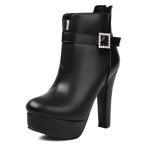 MJIASIAWA Damen Runde Zehen Mode Plateau Höhe Ferse Stiefeletten Winter Komfort Schnüren Military Zip Stiefeletten Schnalle Schwarz Gr 42 EU/44 Asiatisch von MJIASIAWA