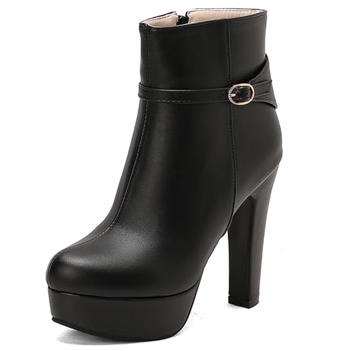 MJIASIAWA Damen Runde Zehen Mode Plateau Höhe Ferse Stiefeletten Winter Komfort Schnüren Military Zip Stiefeletten Schnalle Schwarz Gr 47 EU/49 Asiatisch von MJIASIAWA