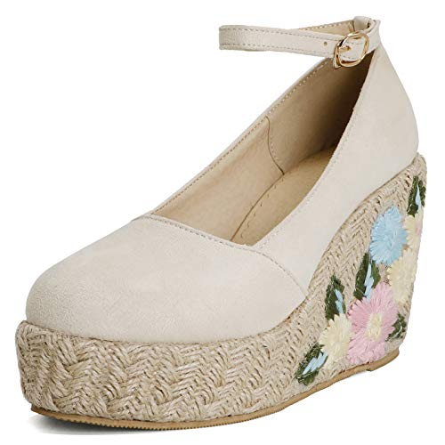 MJIASIAWA Damen Runde Zehen Mode Plateau Keilabsatz Espadrilles Embroiderot Pumps Leisure Komfort Höhe Ferse Sommer Schuhe Beige Gr 37 EU/38 Asiatisch von MJIASIAWA