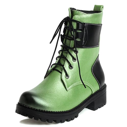 MJIASIAWA Damen Runde Zehen Mode Schnüren Kampfstiefel Chunky Plateau Winter Draußen Warm Zip Military Ankle Stiefeletten Grün Gr 35 EU von MJIASIAWA