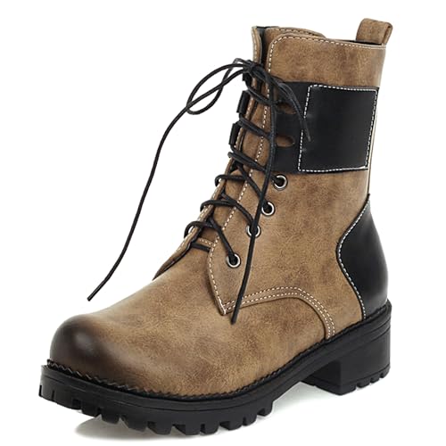MJIASIAWA Damen Runde Zehen Mode Schnüren Kampfstiefel Chunky Plateau Winter Draußen Warm Zip Military Ankle Stiefeletten Khaki Gr 36.5 EU/37 Asiatisch von MJIASIAWA