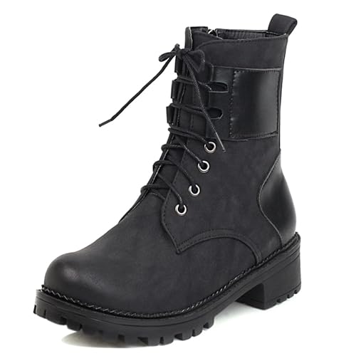 MJIASIAWA Damen Runde Zehen Mode Schnüren Kampfstiefel Chunky Plateau Winter Draußen Warm Zip Military Ankle Stiefeletten Schwarz Gr 34 EU von MJIASIAWA