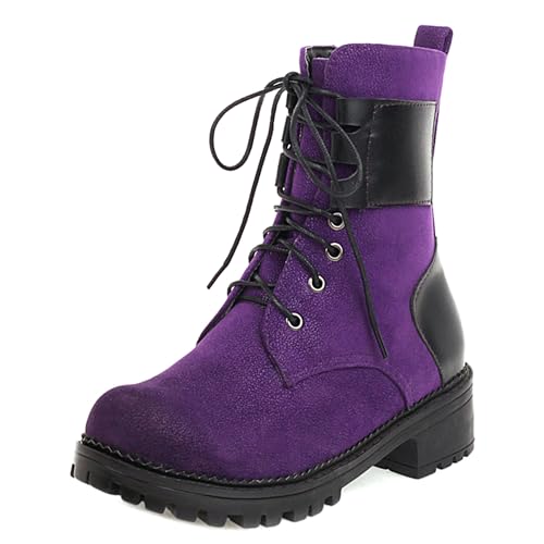 MJIASIAWA Damen Runde Zehen Mode Schnüren Kampfstiefel Chunky Plateau Winter Draußen Warm Zip Military Ankle Stiefeletten Violett Gr 36 EU von MJIASIAWA