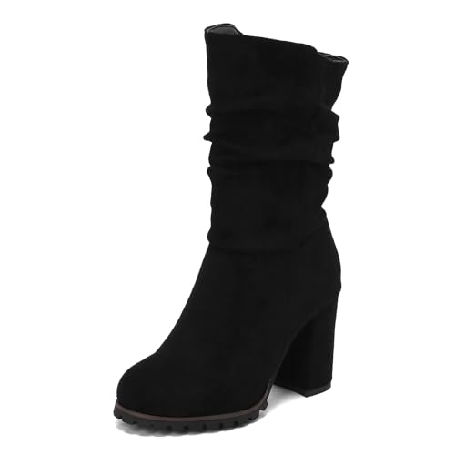 MJIASIAWA Damen Runde Zehen Ohne Verschluss Slouch Halbschaft Boots Abend Hochzeit Kleid Wildleder Winter Blockabsatz Stiefeletten Formal Schwarz Gr 46 EU/48 Asiatisch von MJIASIAWA