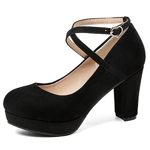 MJIASIAWA Damen Runde Zehen Plateau Blockabsatz Pumps Mary Janes Comfy Hochzeit Kleid Höhe Ferse Knöchelriemchen Wildleder Party Schuhe Schwarz Gr 44 EU/46 Asiatisch von MJIASIAWA