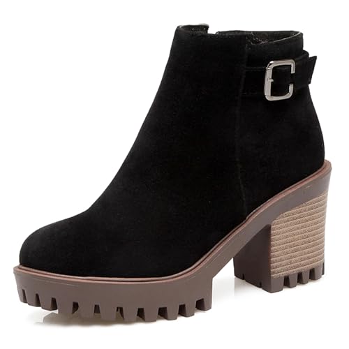 MJIASIAWA Damen Runde Zehen Plateau Chunky Heel Chelsea Stiefel Winter Leisure Schnalle Ankle Stiefeletten Mode Blockabsatz Schwarz Gr 33 Eu von MJIASIAWA