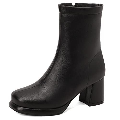 MJIASIAWA Damen Runde Zehen Plateau Winter Chelsea Stiefel Blockabsatz Mode Equestrian Komfort Stiefeletten Leisure Warm Schuhe Schwarz Gr 46 EU/48 Asiatisch von MJIASIAWA