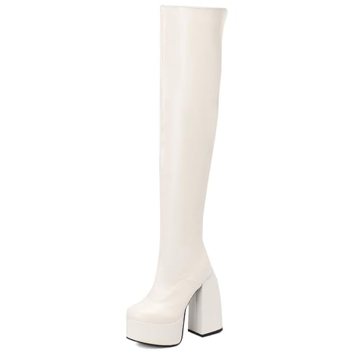 MJIASIAWA Damen Runde Zehen Thigh Chunky Heel Lang Boots Plateau Winter Mode Overknees Party Elegant Reitstiefel Weiß Gr 44 EU/46 Asiatisch von MJIASIAWA
