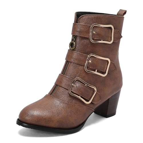 MJIASIAWA Damen Runde Zehen Vintage Chelsea Stiefel Schnalle Winter Mode Blockabsatz Draußen Zip Ankle Stiefeletten Buro Braun-P Gr 35 EU von MJIASIAWA