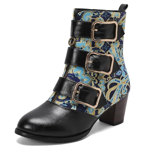 MJIASIAWA Damen Runde Zehen Vintage Chelsea Stiefel Schnalle Winter Mode Blockabsatz Draußen Zip Ankle Stiefeletten Buro Schwarz-Blumen Gr 40.5 EU/42 Asiatisch von MJIASIAWA