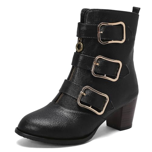 MJIASIAWA Damen Runde Zehen Vintage Chelsea Stiefel Schnalle Winter Mode Blockabsatz Draußen Zip Ankle Stiefeletten Buro Schwarz-P Gr 43 EU/45 Asiatisch von MJIASIAWA