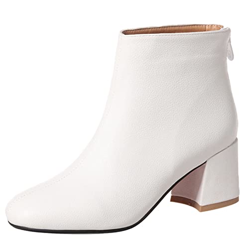 MJIASIAWA Damen Runde Zehen Winter Blockabsatz Chelsea Reißverschluss Stiefeletten Party Buro Comfy Kleid Mode Warm Boots Hochzeit Weiß Gr 39 EU/40 Asiatisch von MJIASIAWA