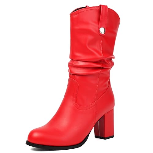 MJIASIAWA Damen Runde Zehen Winter Halbschaft Lockere Stiefel Blockabsatz Ohne Verschluss Komfort Buro Chunky Chelsea Elegant Stiefeletten Rot Gr 44 EU/46 Asiatisch von MJIASIAWA